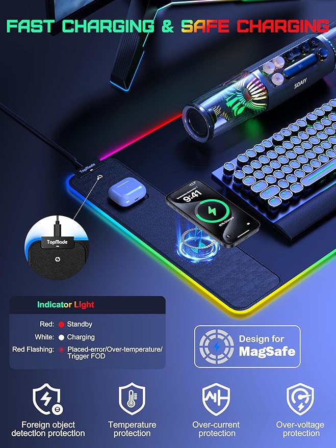 TopMade Wireless Charging RGB Mouse Pad Waterproof Gaming Desk Pad with 4 Light Modes &amp 11 RGB Colors Ultra-Smooth Surface Non-Slip Base 31.5x15.75 XXL Large Desk Mat for MacBook PC Laptop