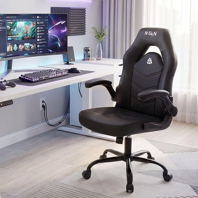 N-GEN Video Gaming Computer Chair Ergonomic Desk Office Chair for Adults with Lumbar Support Flip-Up Arms Adjustable Height Swivel Wheels PU Leather Executive Design for Home and Office (Jet Black)