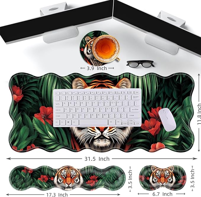 Large Gaming Mouse Pad Keyboard Wrist Rest Pad &amp Wrist Support Mousepad Set Stitched Edge Extended Non-Slip Base Memory Foam Desk Mat for Office HomeTiger Face