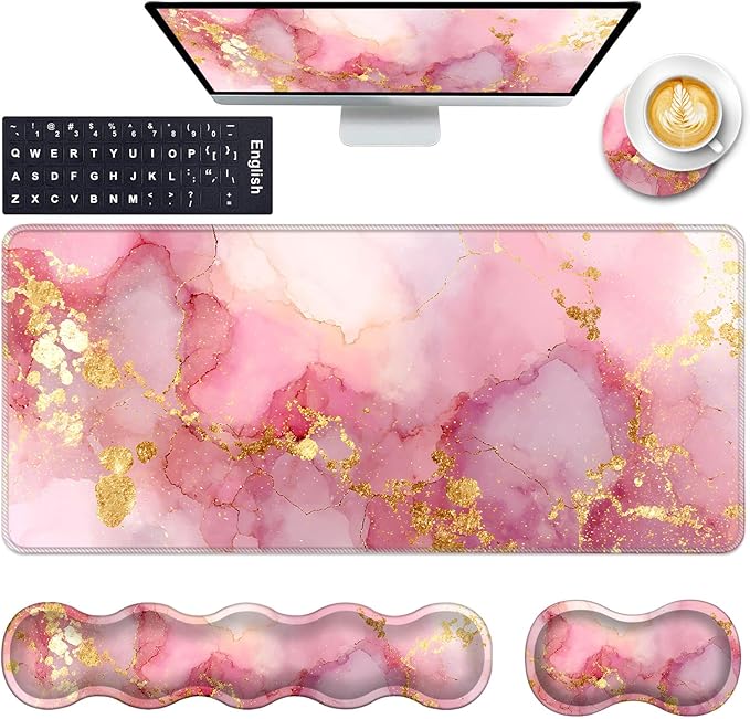 Keyboard Wrist Rest and Mouse Pad with Wrist Support Set Ergonomic CoasterMemory FoamEasy Typing Pain ReliefLarge XL Desk Mat 31.5x 11.8Pink Gold Marble