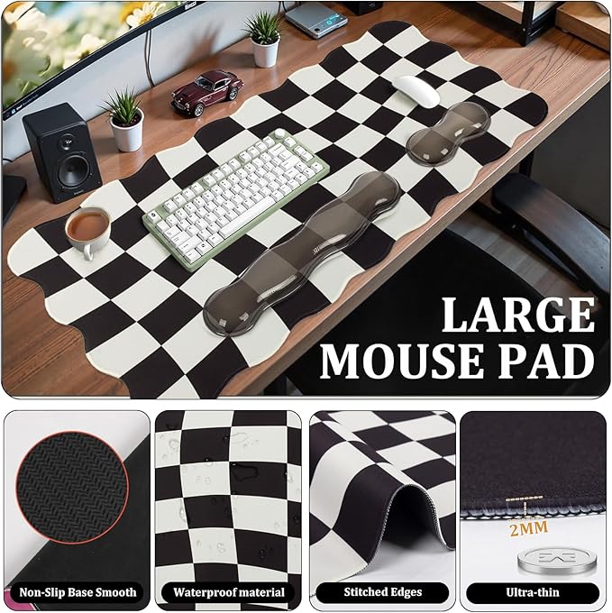 L-SPOUTTO Black Checkered Mouse Pad SetScalloped XXL Desk Mat + Ergonomic Mouse Wrist Rest + Gel Keyboard Wrist Rest for Keyboard 65%/75%3in1 Large Desk Pad for Desktop Home Office Computer Game