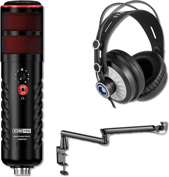 Rode XDM-100 USB Dynamic Microphone with StreamEye Cans50 Professional Studio Headphones and Low-Profile Microphone Boom Arm
