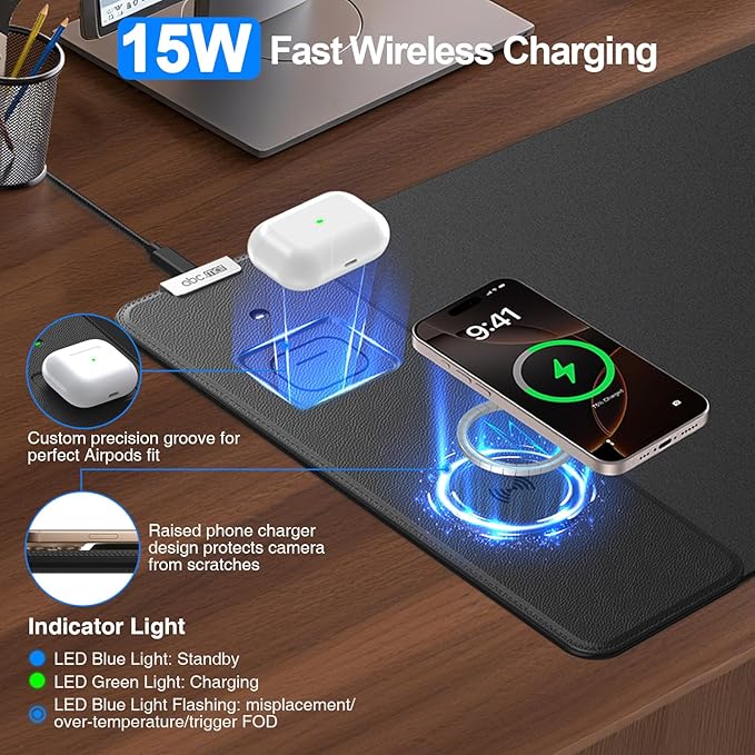 Magnetic Wireless Charging Mouse Pad 27.5x11.8 Gaming Desk Mat for Keyboard/Laptop Non-Slip Base &amp 20W PD Adapter Waterproof Smooth Desk Writing Pad for Gamer Office &amp Home Black
