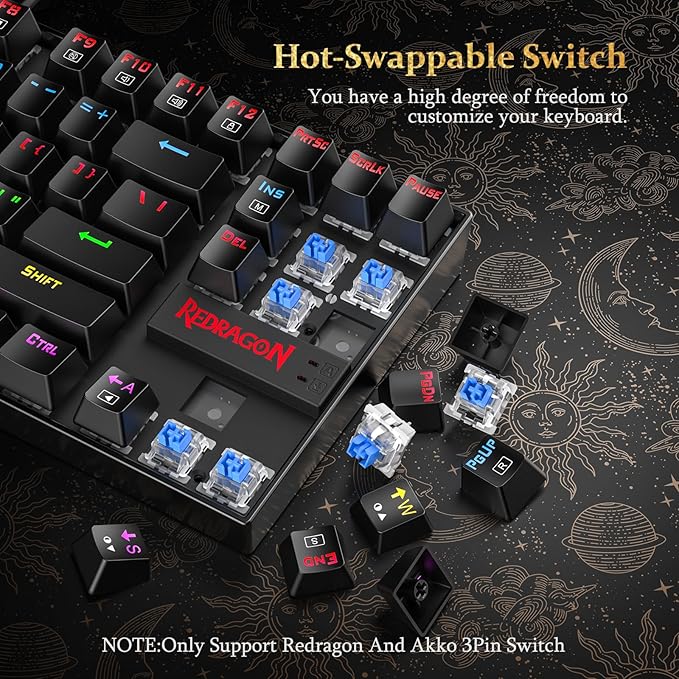 Redragon K552P Mechanical Gaming Keyboard TKL with 18 Backlight Modes Hot-Swappable Red Switches 87-Key Compact Ergonomic Design N-Key Rollover &amp Software Programmable Macro - RGB Black