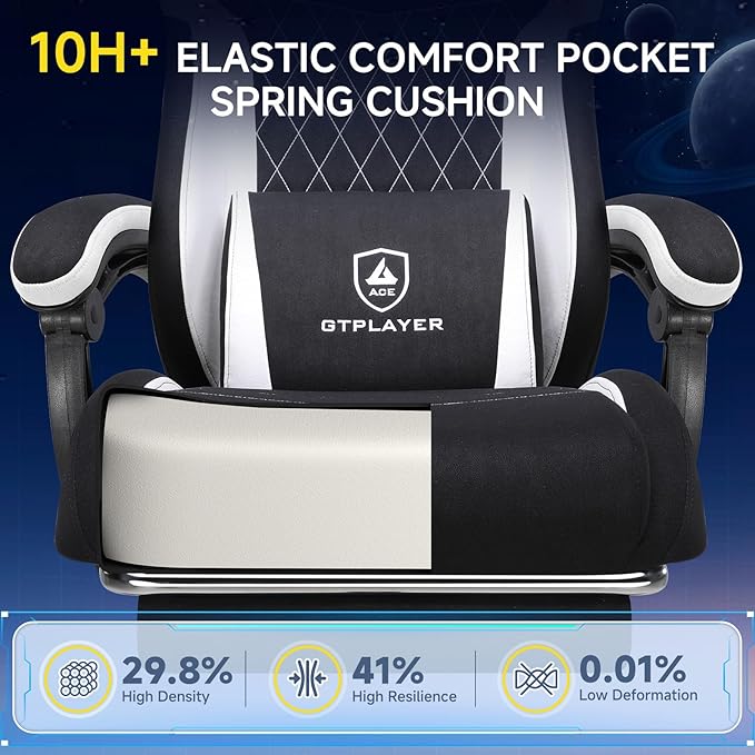 GTPLAYER Gaming Chair Video Game Chairs with Footrest and Lumbar Support Computer Chair for Adults with Extended Backrest Ergonomic Reclining Silla Gamer Fabric Black