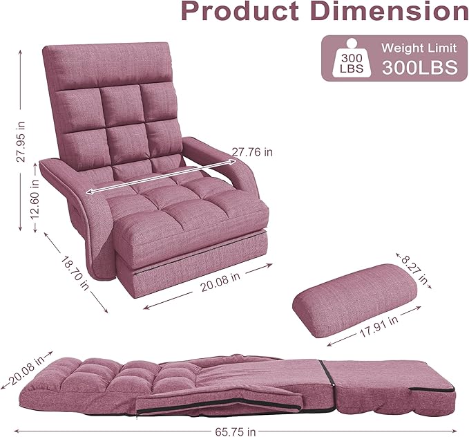 Adjustable Floor Gaming Chair for Adults 6-Position Chaise Lounge Chair with Meditation Arm Foldable Lazy Sofa with Pillow Comfy Chair Indoor for Bedroom Dorm Living Room Purple