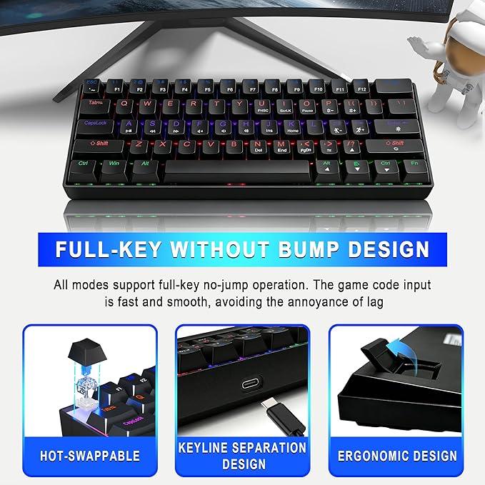 60% Gaming Keyboard Black Wired RGB Mechanical Keyboard with No-Conflict 61 Keys Compact PC Game Keyboards for Windows Mac Quiet Blue Switch