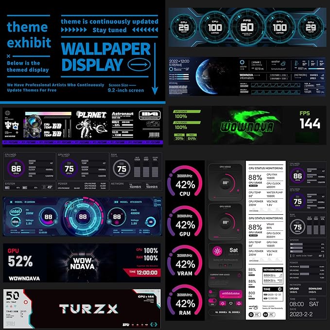 WOWNOVA 9.2 LCD Screen Inside PC Case Computer Temp Monitor Screen 1 Click 1 Cable to Get Started Quickly PC Temperature Display IPS Sensor Panel CPU RAM HDD Data FPS Mini Monitor (Black)