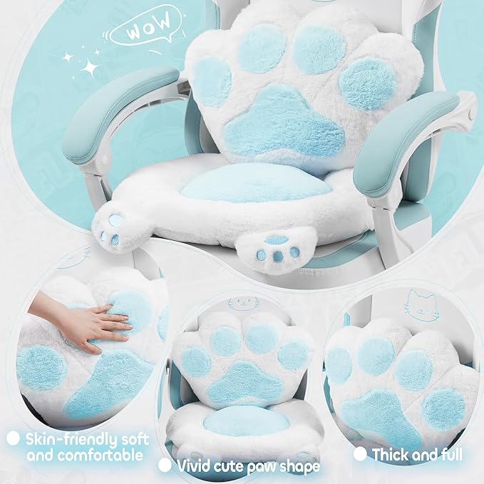 Gaming Chair Cute with Cat Ears Paw Lumbar and CushionErgonomic Computer Chair with FootrestReclining PC Game Chair for Girl Computer Chair 300lbs for Adult Aqua Blue