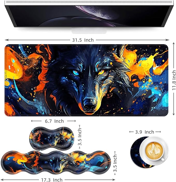 Keyboard Mouse Pad Set Extended Gaming Mouse Pad+Ergonomics Keyboard Wrist Rest Support Memory Foam Easy Typing Pain Relief 4Pcs XL Ultra Thick Desk MatFire and Ice Wolf