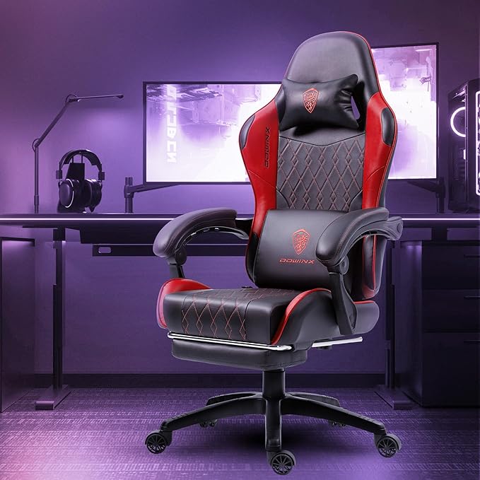 Dowinx Gaming Chair with Massage Lumbar Support and Footrest Video Game Chair for Adults Adjustable Ergonomic Gamer Chairs High Back with Pocket Spring Cushion Swivel Recliner Black and Red