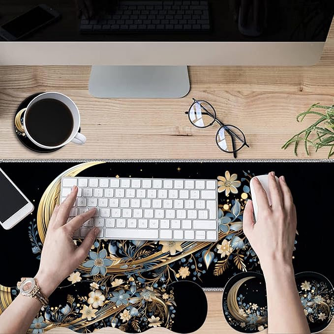 Gaming Mouse Pad Set Large Gaming Mouse Pad+Keyboard Wrist Rest+Mouse Wrist Rest+Coaster Easy Typing Pain Relief 31.5 × 11.8 inch Desk Mat for Home Office - Moon Floral Flower