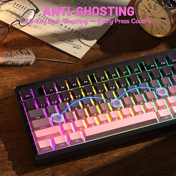 M87V2 Wireless Keyboard Low Profile Quiet Typing Membrane Gaming Keyboard with 80% TKL Layout Side Printed Keys RGB Backlit USB C Rechargeable87 Keys PBT Keycap for Windows PCMacLinux-Blackberry