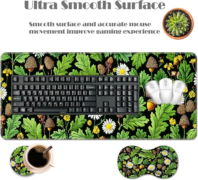 Ergonomic Keyboard Wrist Rest &amp Mouse Pad Wrist Rest SetXL Gaming Desk Mat 31.5x 11.8Non-Slip BaseMemory FoamEasy Typing Pain Relief for Office &amp HomeLeaf and Daisy Pattern