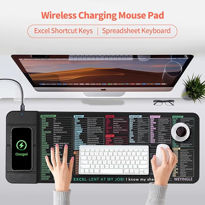 Excel Shortcut Keys with Wireless Charging Phone Holder Gaming Mousepad Desk Mat 15W Qi Smooth Surface Non-Slip Extended Computer Keyboard Mat for MacBook PC Laptop
