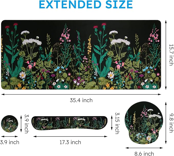 iCasso Large Mouse Pad Mouse Pad Wrist Support Set4in1 XXL Large Mousepad + Keyboard Wrist Rest+Mouse Wrist Rest+Coaster Set with Ergonomic Design for Home Office Table Computer-Weeds