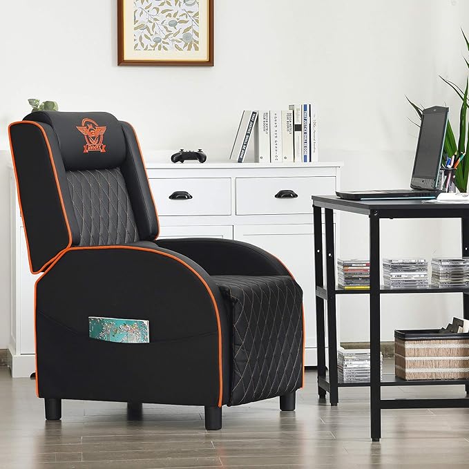 GYMAX Massage Gaming Recliner Chair Ergonomic Racing Style Single Sofa with Adjustable Headrest Backrest &amp Footrest Home Theater Sofa for Living Room Office (Orange)