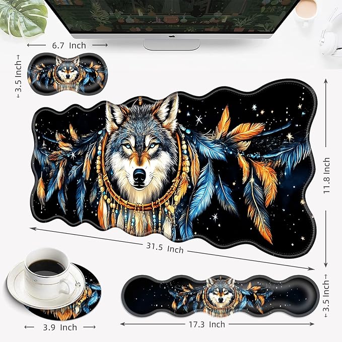 Desk Mat Mouse Pad with Wrist Rest 4-in-1 Large Mouse Pads for Desk Ergonomic Mouse Pad and Keyboard Wrist Rest Gaming Keyboard Mat for OfficeDreamcatcher Wolf