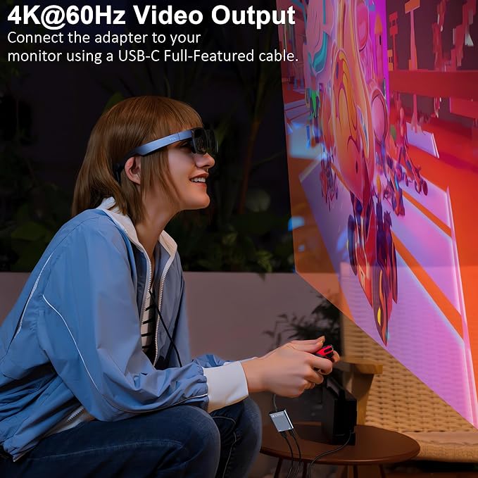 USB-C to Glasses Charging Adapter Charge and Play Adapter with 100W PD Charging and 4K@60Hz Display Output for Switch (Not Switch 2) ROG Ally PS4/5 Xbox Mac mini Laptops &amp DP Alt Mode Devic