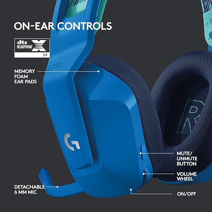 Logitech G733 Lightspeed Wireless Gaming Headset with Suspension Headband LIGHTSYNC RGB Blue VO!CE mic Technology and PRO-G Audio Drivers - Blue