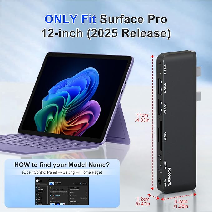 Surface Pro 12 Docking Station USB Hub and Adapter with 4K HDMI USB-C Thunderbolt 4 (Display+Data+100W PD) 2 USB 3.0 3.5mm Audio SD/TF Card Slot for Surface Pro 12 inch 2025