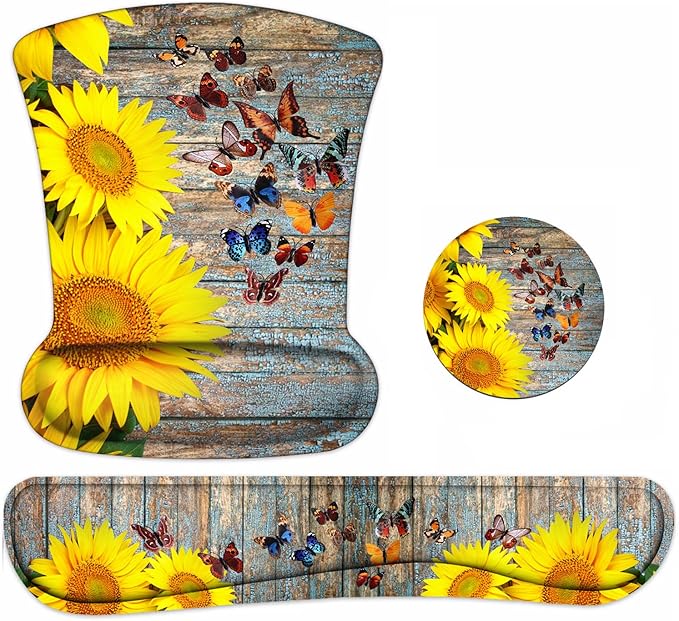 Keyboard Wrist Rest and Mouse Pad Wrist Support Set with Coasters Non-Slip PU Base Ergonomic Gaming Mousepad for Computer Laptop Home Office Easy Typing &amp Pain Relief - Sunflower and Butterfly