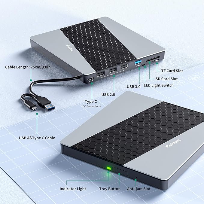 External CD DVD Drive USB 3.0 USB C Portable CD DVD +/-RW Burner DVD Player for Laptop with SD/Micro SD Card Reader 8 in 1 Hub Compatible with Laptop Mac PC Windows Linux