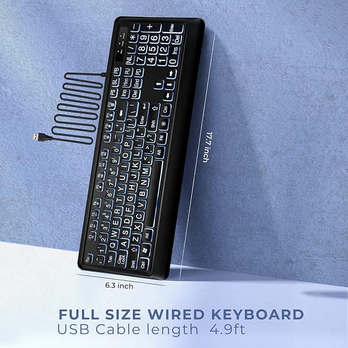 Large Print Backlit Keyboard USB Wired Computer Keyboard Full Size Keyboard with White Illuminated LED Compatible for Windows Desktop Laptop PC Gaming Black