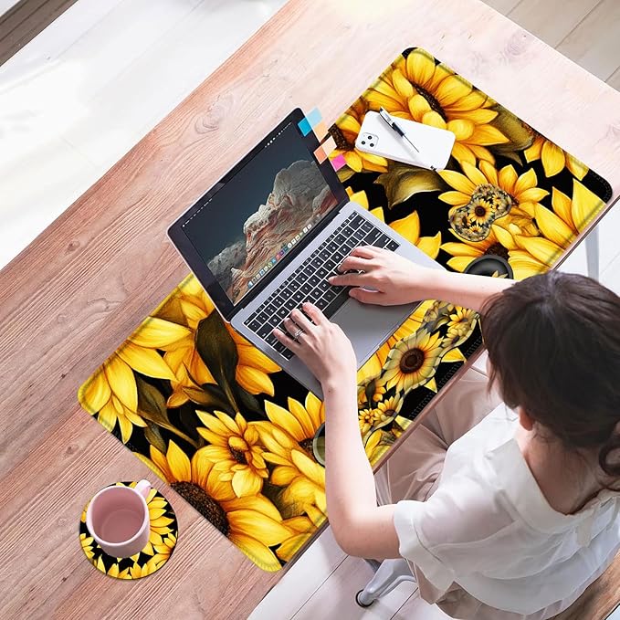 Mouse PadLarge Desk Mat Set 4in1 XL Mousepad + Keyboard Wrist Rest+Mouse Wrist Rest+Coaster with Ergonomic Desk Pad for Home Office Table Computer Cover -Yellow Sunflowers
