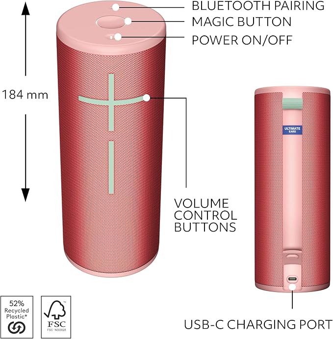 Ultimate Ears Boom 4 Portable Waterproof Bluetooth Speaker with 360-Degree Bold Immersive Crystal-Clear Sound Floating Speaker with 15-Hour Battery and 147ft (45m) Range - Red