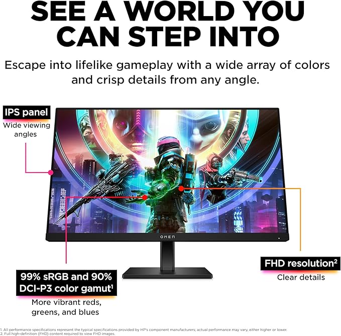 HP OMEN 23.8 FHD 165Hz Gaming Monitor FHD Display (1920 x 1080) IPS panel 99% sRGB 90% DCI-P3 16:9 AMD FreeSync Premium Technology 24 (2023)Black