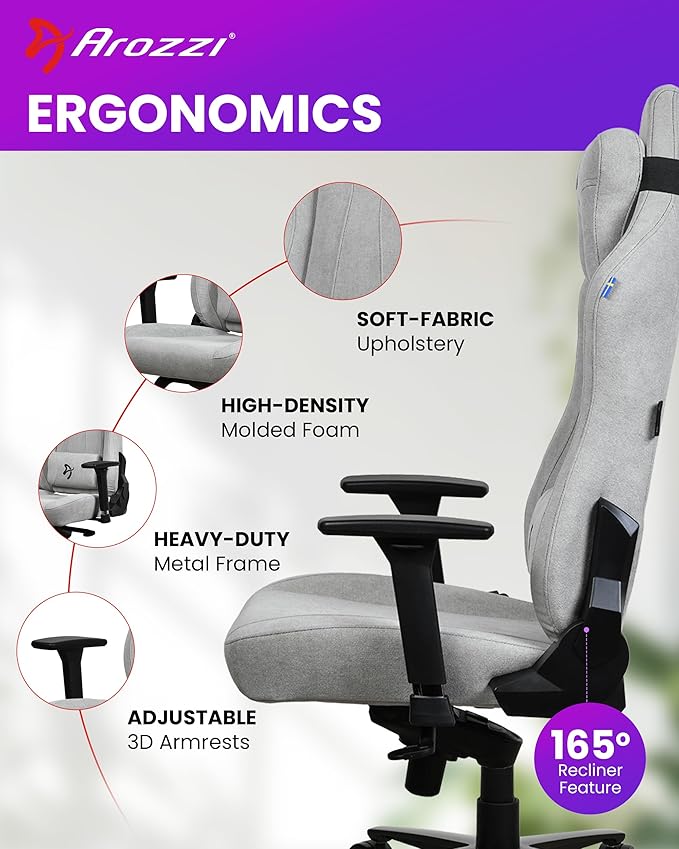 Arozzi Vernazza Soft Fabric Durable Upholstery Ergonomic Office and Gaming Chair with High-Level Features Like 3D Armrests and a Pro Mechanism Along with Soft Neck &amp Lumbar Support Pillows-Light G