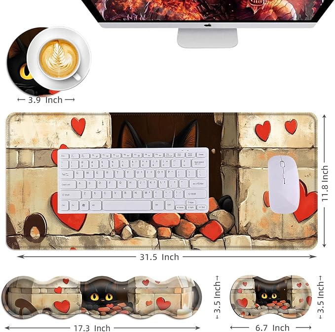 Mouse PadLarge Desk Mat Set 4in1 XL Mousepad + Keyboard Wrist Rest+Mouse Wrist Rest+Coaster with Ergonomic Desk Pad for Home Office Table Computer Cover -Cute Cat with Red Hearts