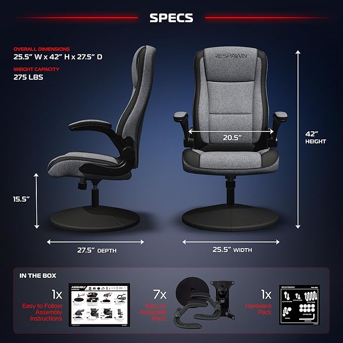 RESPAWN 800 Swivel Rocker Gaming Chair - Ergonomic Floor Gaming Seat with Lumbar Support Flip Up Armrest High Back Pedestal Base Comfortable No Wheels Console Video Game Rocker Chair - Gray Fabric