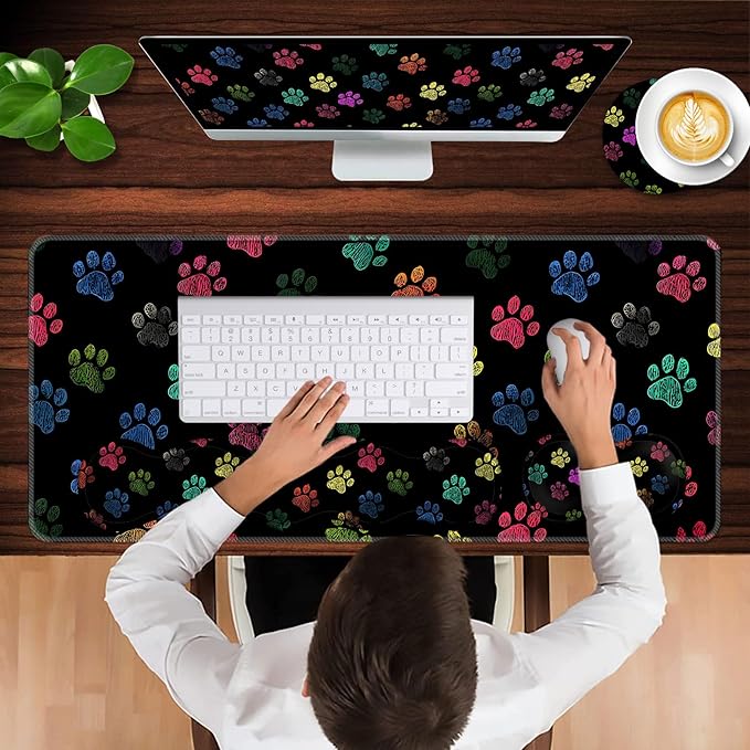 Keyboard Wrist Rest and Mouse Pad with Wrist Support Set Ergonomic CoasterMemory FoamEasy Typing Pain ReliefLarge XL Desk Mat 31.5x 11.8Colorful Paw Prints