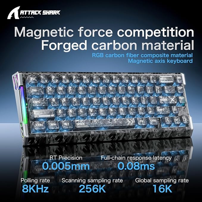 ATTACK SHARK R68 HE Carbon Fiber 8000Hz Rapid Trigger Keyboard 0.005mm RT Accuracy 68 Keys Wired Gaming Keyboard with Magnetic Switch Adjustable Actuation Snap Tap RGB Lighting for PC/Mac Ink