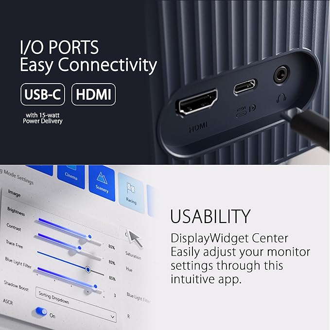 ASUS 24” 1080P Eye Care Monitor (VU249CFE-B) - Full HD IPS 100Hz Adaptive-Sync USB-C Ambient Light Sensor Height Adjustable Cable Clip EyeCare+ Technology 3 Year Warranty Quiet Blue Color