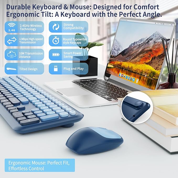 HotFox Wireless Keyboard and Mouse Combo Full-Size Retro Typewriter Keyboard with Round Keycaps Ergonomic Design for Windows PC Home and Office Use -Blue