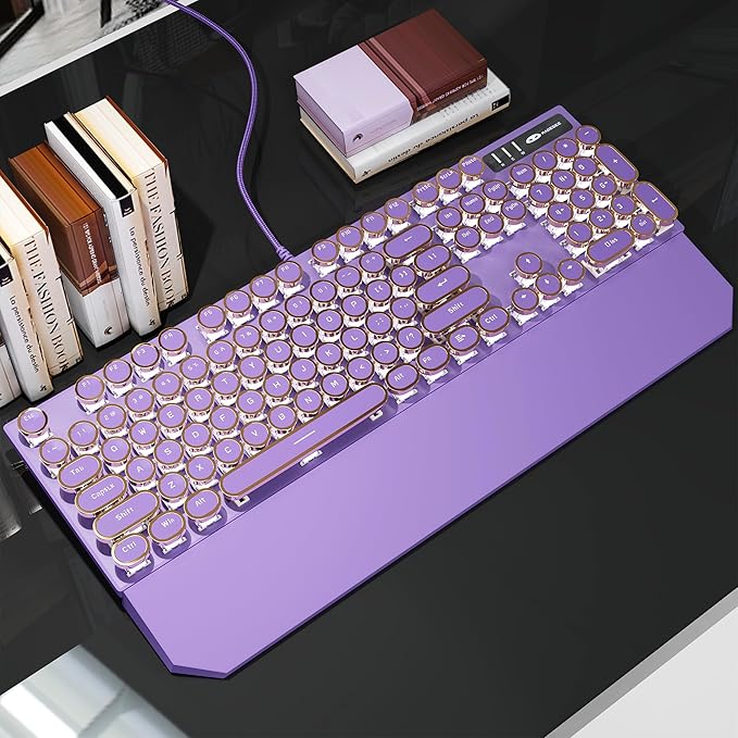 MageGee Typewriter Mechanical Gaming Keyboard Retro Punk Purple Round Keycaps 104 Keys LED White Backlit Wired Keyboards for Laptop MAC PC Gamer with Magnetic Wrist Rest Blue Switch
