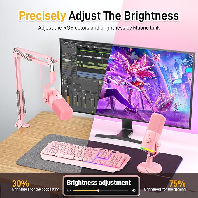 MAONO USB/XLR Podcasting Microphone for PC Gaming Streaming Dynamic Mic with Mute Button RGB Desktop StandComputer Mic for Video Studio Recording-PD100XPink