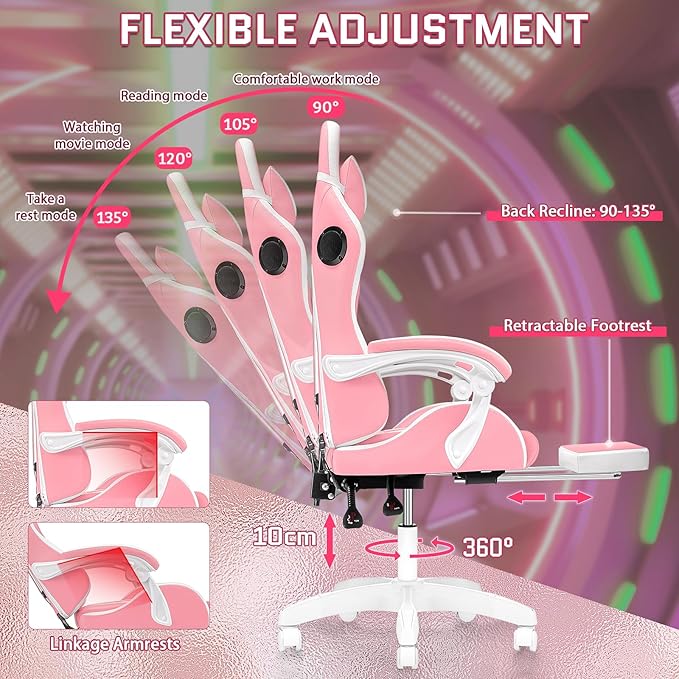 HOFFREE RGB Gaming Chair with Speakers and Massage Ergonomic Computer Chair with Lights and Footrest Reclining Video Game Chairs for Adults Pink and White