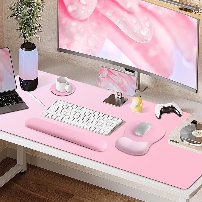 4-in-1 Large Gaming Mouse Pad Keyboard Wrist Rest Pad &amp Wrist Support Mousepad Set Extended Desk Pad Waterproof Desk Mat for Girl Women Home Office Decor Study Game 35.4×15.7 Inches I Soft Pink