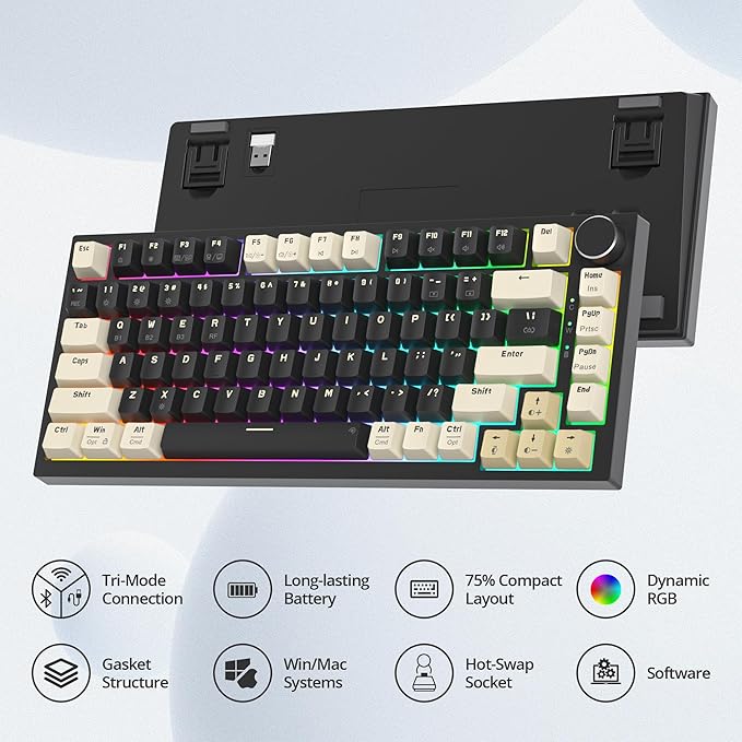75% Wireless Creamy Mechanical Keyboard Hot Swappable Custom Keyboard RGB Backlit Gasket Gaming Keyboard 2.4G/BT5.0/USB-C Mechanical Gaming Keyboard Pre-lubed Linear Gray Cream Switches