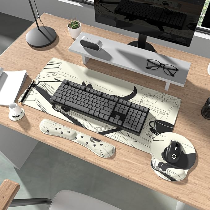 Ovenbird Mouse Pad Set 4-in-1 | Large Gaming Mousepad Keyboard Wrist Rest Mouse Wrist Support Coaster | Ergonomic Office Desk Mat Accessories for Women Men | 4PCS 35.4 x 15.7in Black Cat