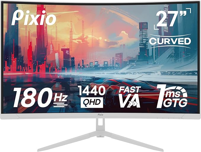 Pixio PXC278WAVE White 27 inch 180Hz Refresh Rate QHD 1440p Resolution 1650R Curve Fast VA Panel 1ms GTG Response Time HDR Curved Gaming Monitor and PS1S Wave White Single Monitor Arm
