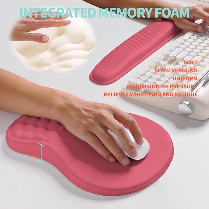 2-in-1 Ergonomic Set Wave Rise Keyboard Wrist Rest and Massage Bulge Slope Mouse Pad Wrist Support Cushion Memory Foam Integrated to Relieve Wrist Pain Muskmelon Pink