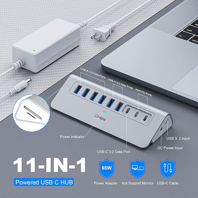 Powered USB Hub 10Gbps intpw YH6AC Plus 11 Port USB 3.2 Hub(USB A/USB C 3.2+4 USB-A 3.0+2 PD 45W Fast Charging Ports+SD/TF Card Reader) 65W Power AdapterAluminum USB HUB for PCLaptopiPhone 17/16