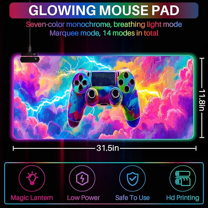 XL Led Gaming Mouse Pad with 14 Light Modes - Light Up Gamer Mouse Pad31.5 x 11.8in Non-Slip Gamepad Style RGB Large Gamer MousepadBlack Long Glowing Gaming Accessories for DeskWaterproof