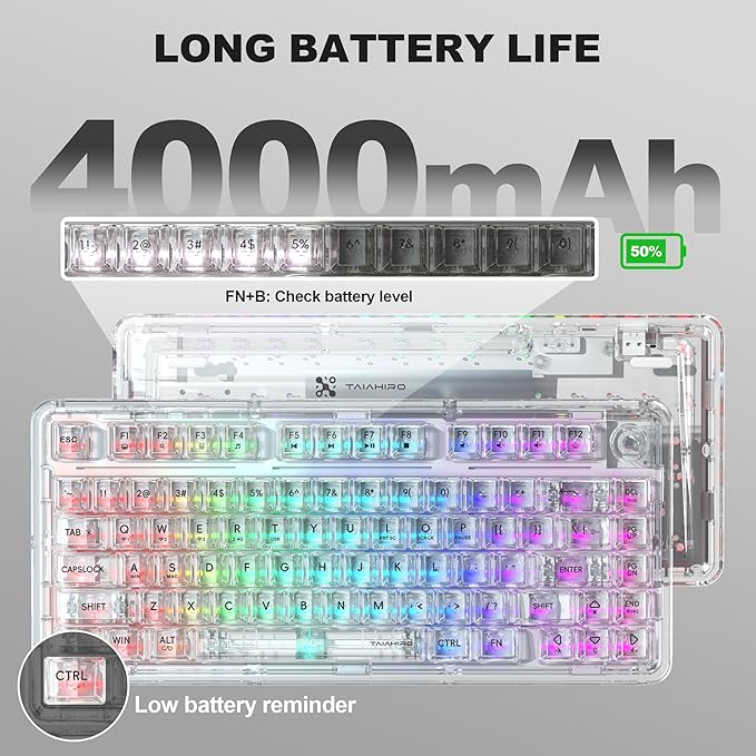 Transparent Mechanical Keyboard RGB Backlit Wireless Creamy Gaming Keyboards Hot Swap Customizable Clear Acrylic Design 80-Key Quiet Linear Switches 3 Modes BT5.0/2.4G/USB-C 4000mAh Battery White