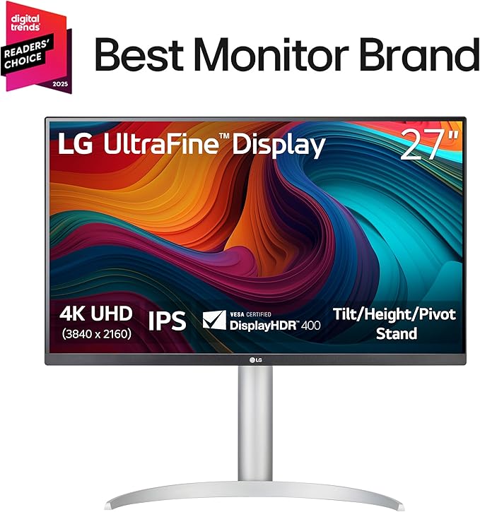 LG 27UP650K-W 27-inch Ultrafine 4K UHD (3840 x 2160) IPS Computer Monitor 60Hz 5ms DisplayHDR 400 Reader Mode Flicker Safe HDMI DisplayPort Tilt/Height/Pivot Adjustable Stand White